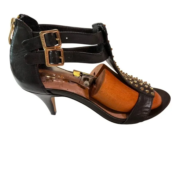 Vince Camuto Studded Sandals 8B Black Good Leather Kitten Heel Gladiator Luxury - Picture 5 of 10